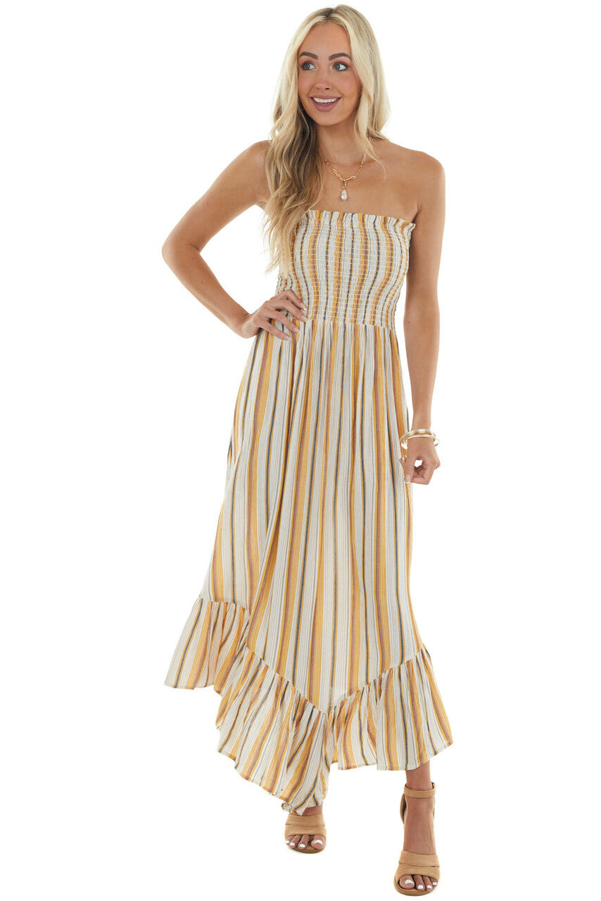 Amber Striped Print Strapless Midi Dress