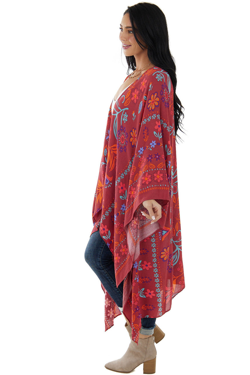 Marsala and Fire Colorful Floral Print Kimono