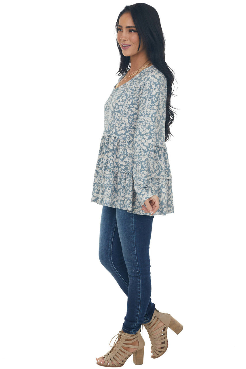 Sea Blue Floral Tiered Super Soft Knit Top