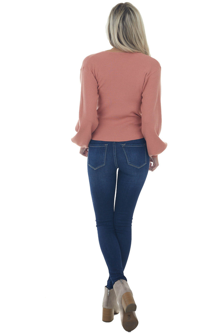 Ginger Ribbed Knit Plunging Surplice Sweater 