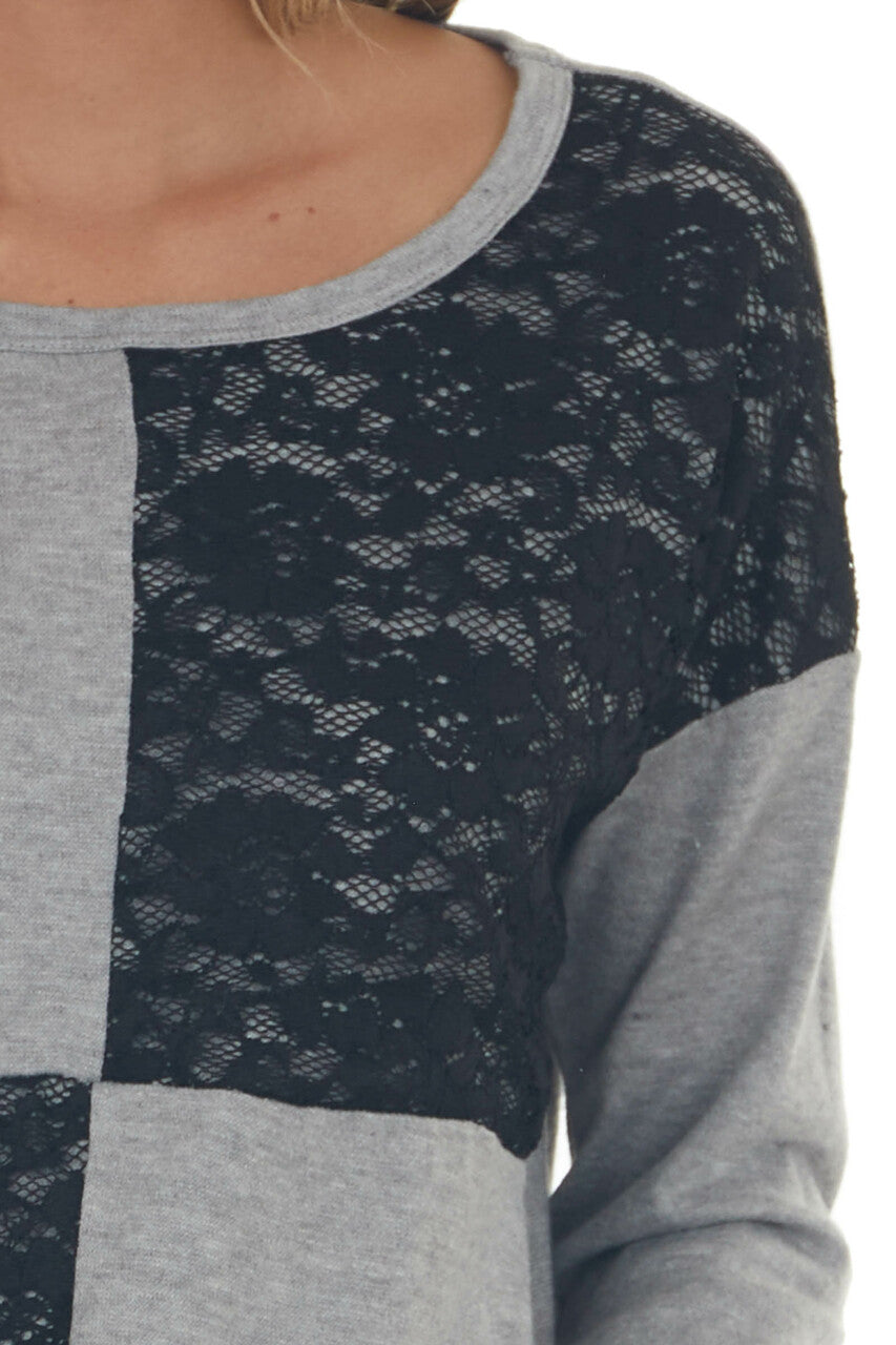 Heather Grey and Black Lace Long Sleeve Top