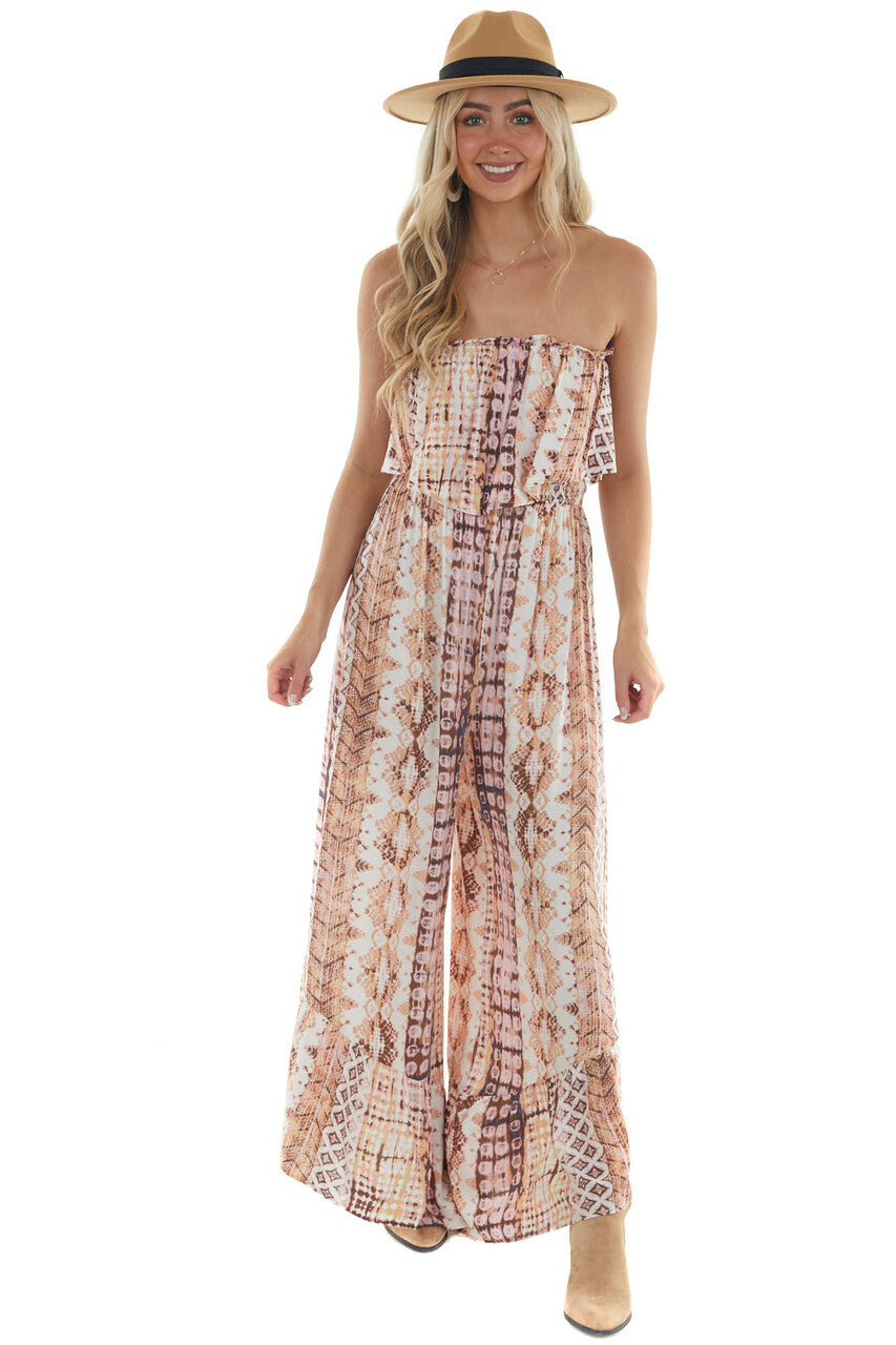 Pastel Pink Abstract Print Strapless Jumpsuit