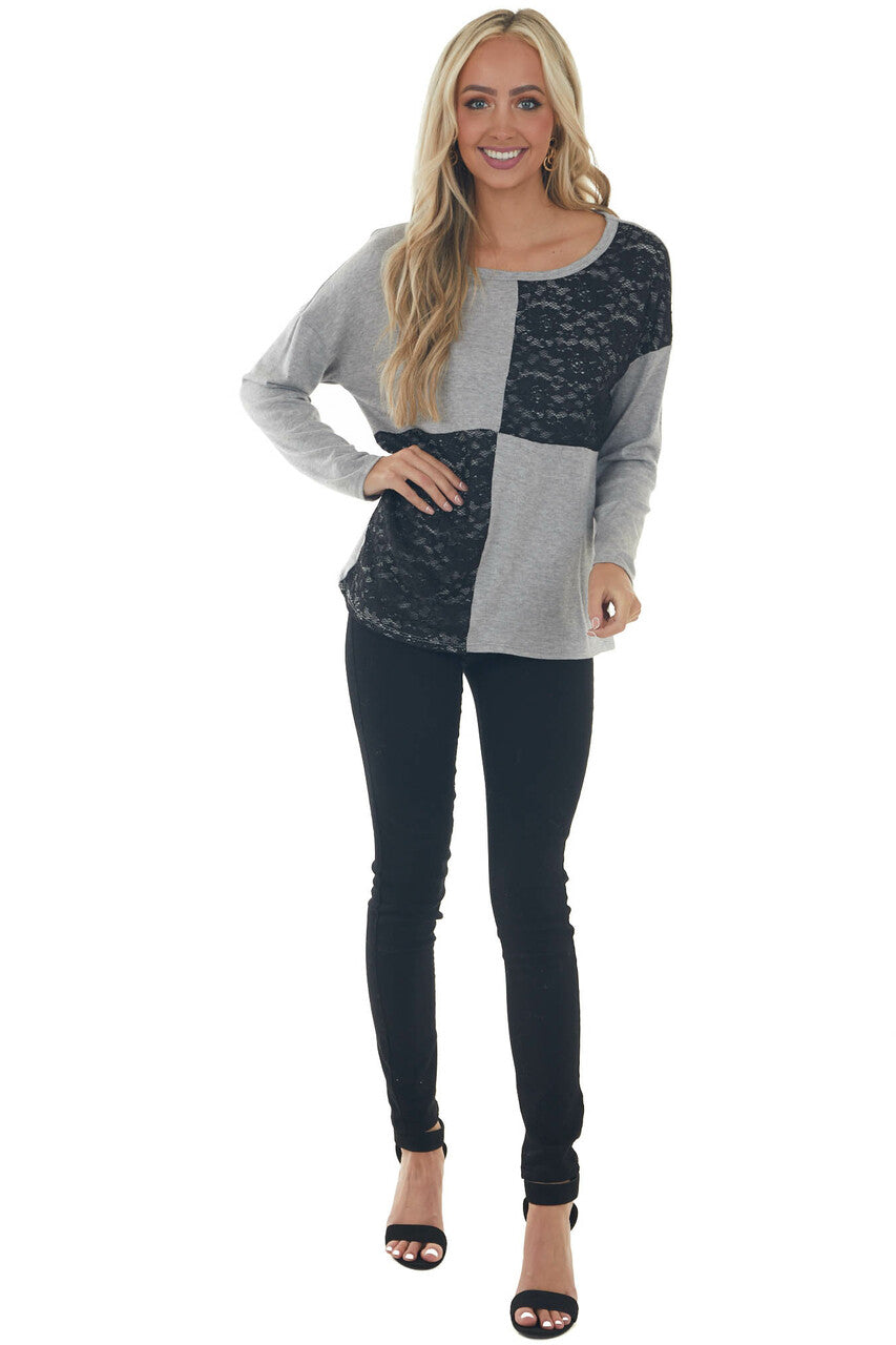 Heather Grey and Black Lace Long Sleeve Top