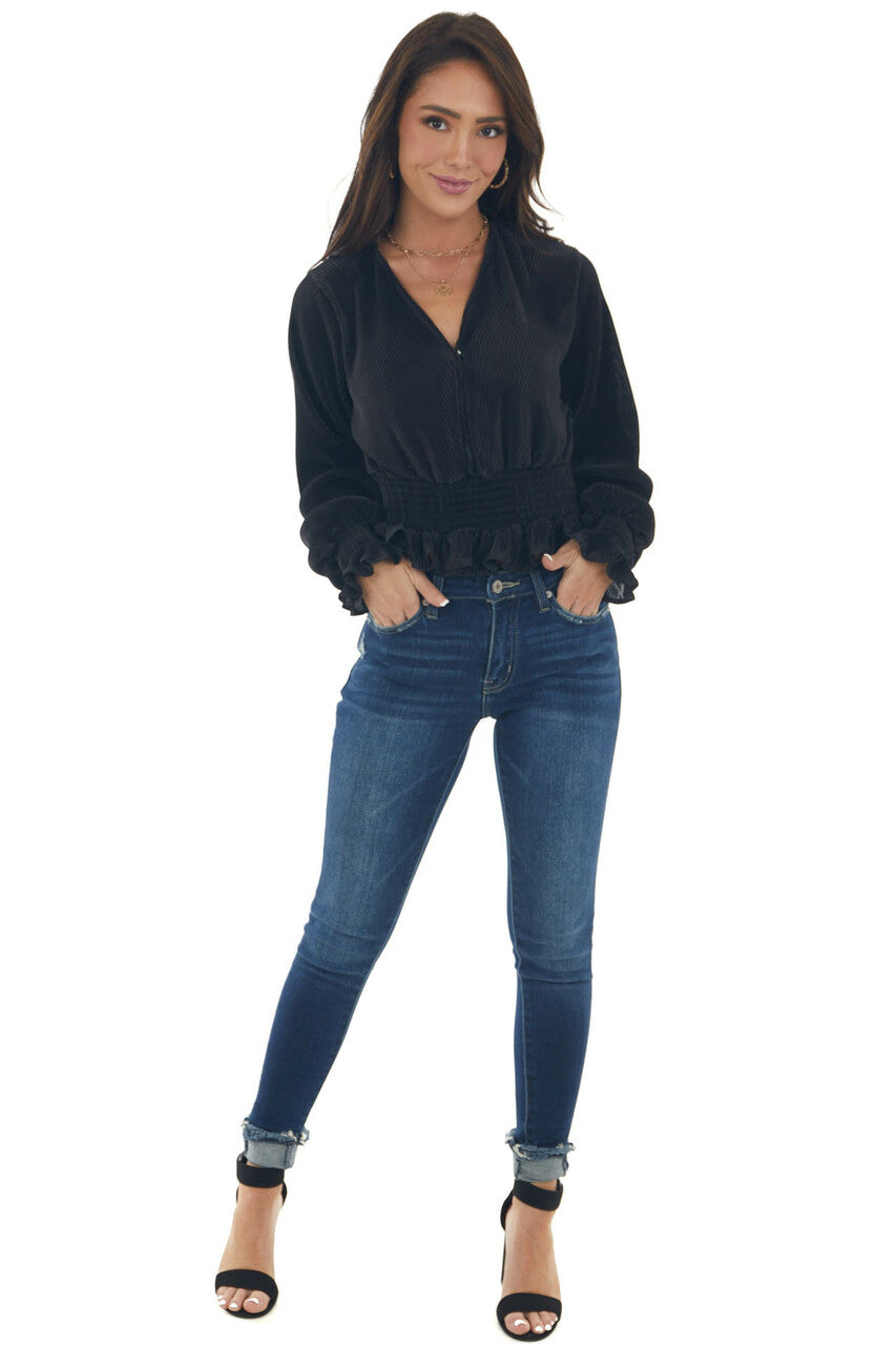 Black Pleated Surplice Smocked Waist Blouse 