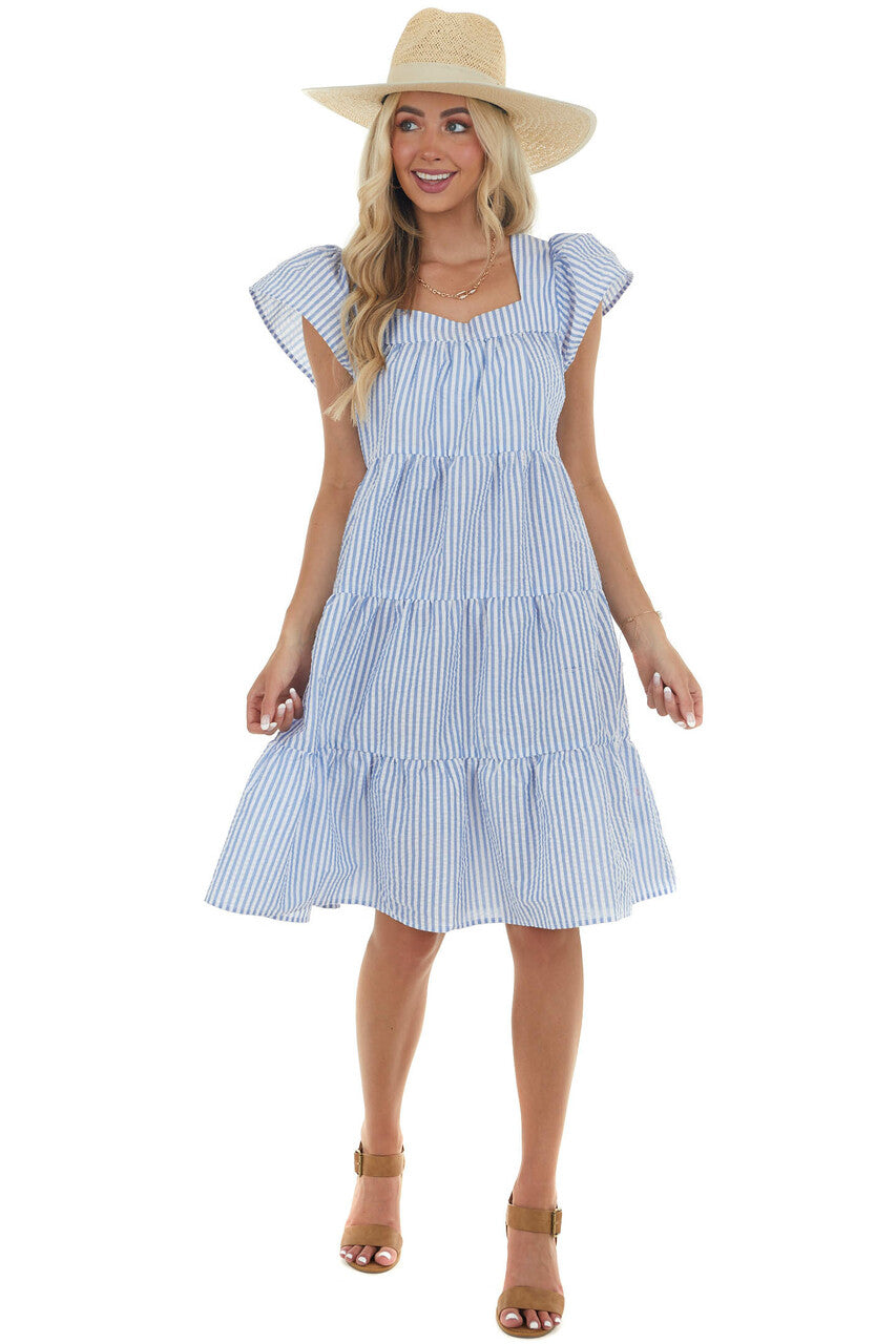 Dusty Blue Striped Babydoll Tiered Short Dress