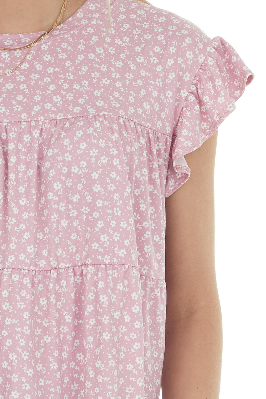 Baby Pink Ditsy Floral Print Short Sleeve Top