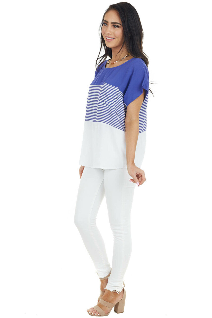 Royal Blue and White Colorblock Striped Short Sleeve Top