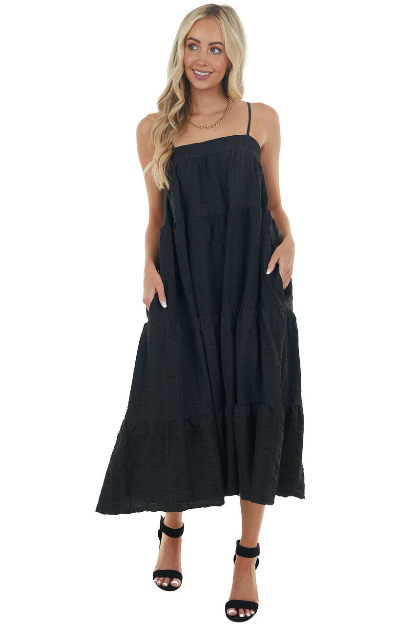 Black Textured Tiered Tent Midi Woven Dress