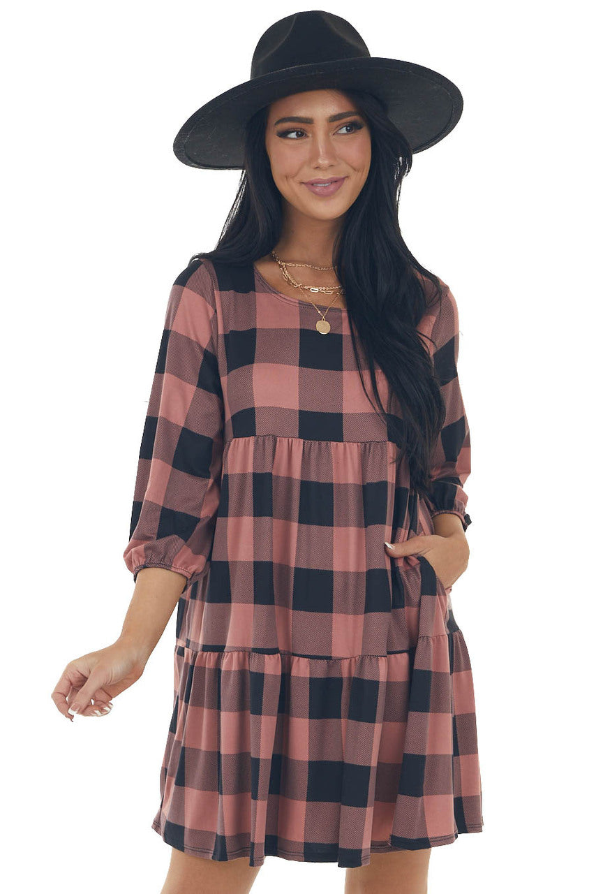 Marsala Buffalo Plaid Long Bubble Sleeve Dress