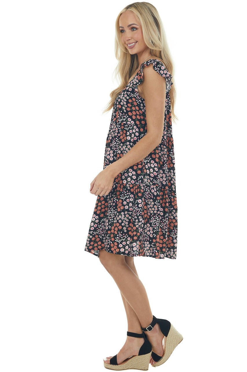 Black Floral Tiered Dress with Flutter Sleeves 