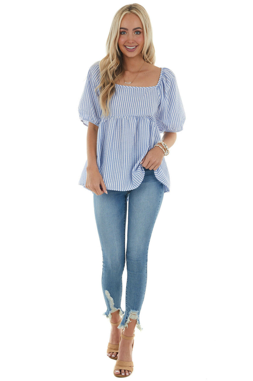 Cornflower Striped Puff Sleeve Babydoll Blouse
