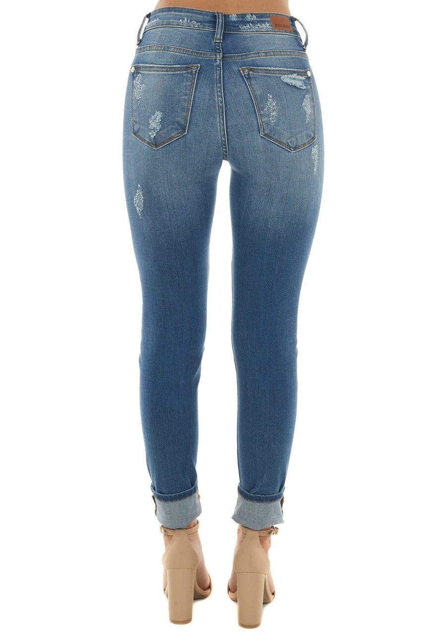Medium Wash Distressed Skinny Jeans with Leopard Print Patch
