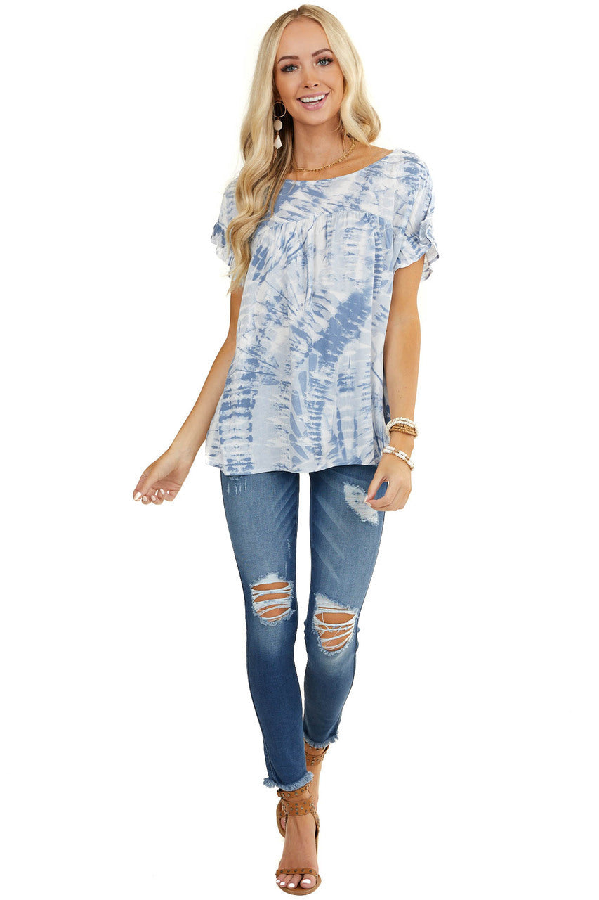 Slate Blue Tie Dye Blouse with Short Ruffle Sleeves 