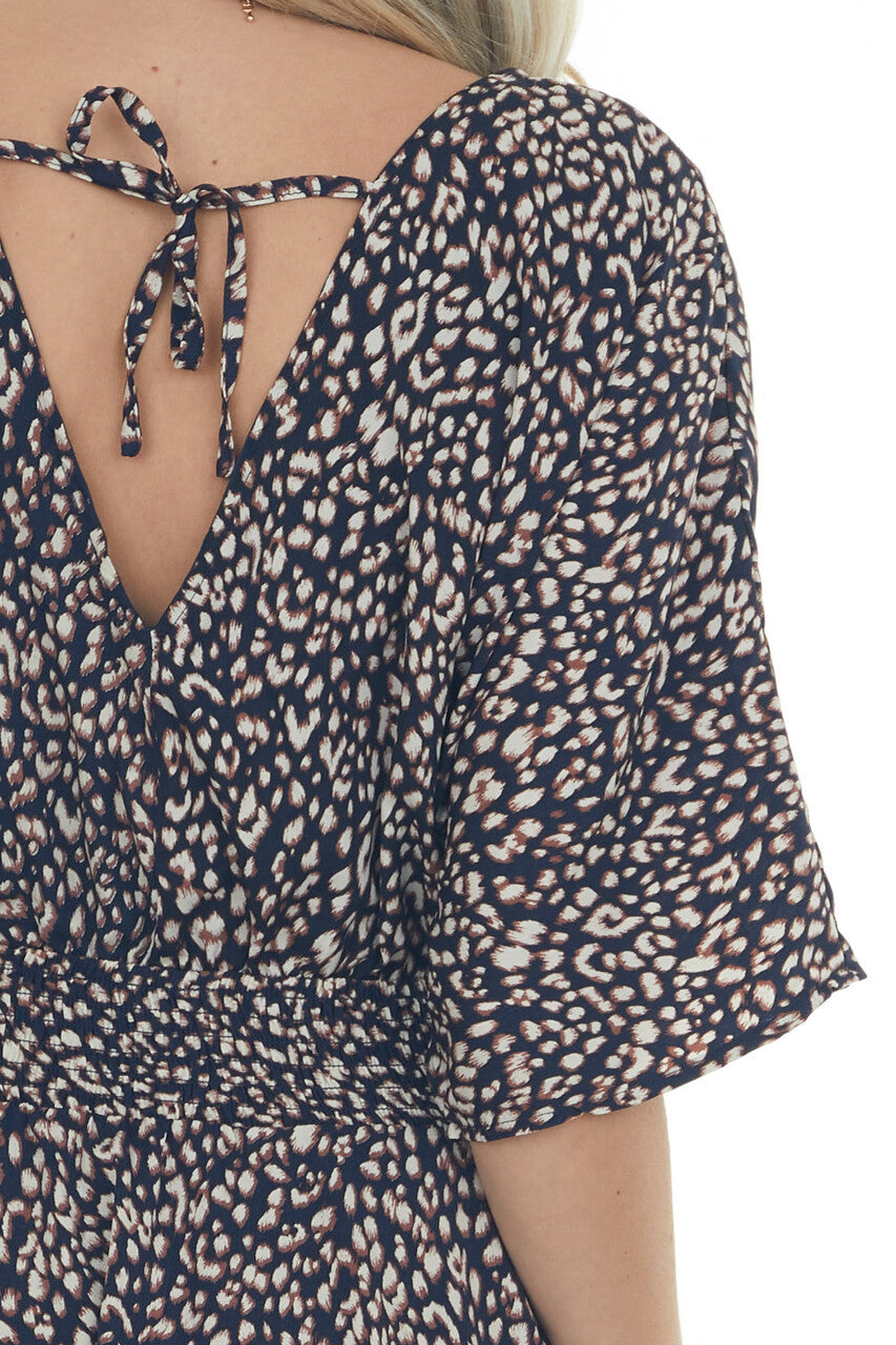 Navy Blue Leopard Print Surplice Half Sleeve Short Dress