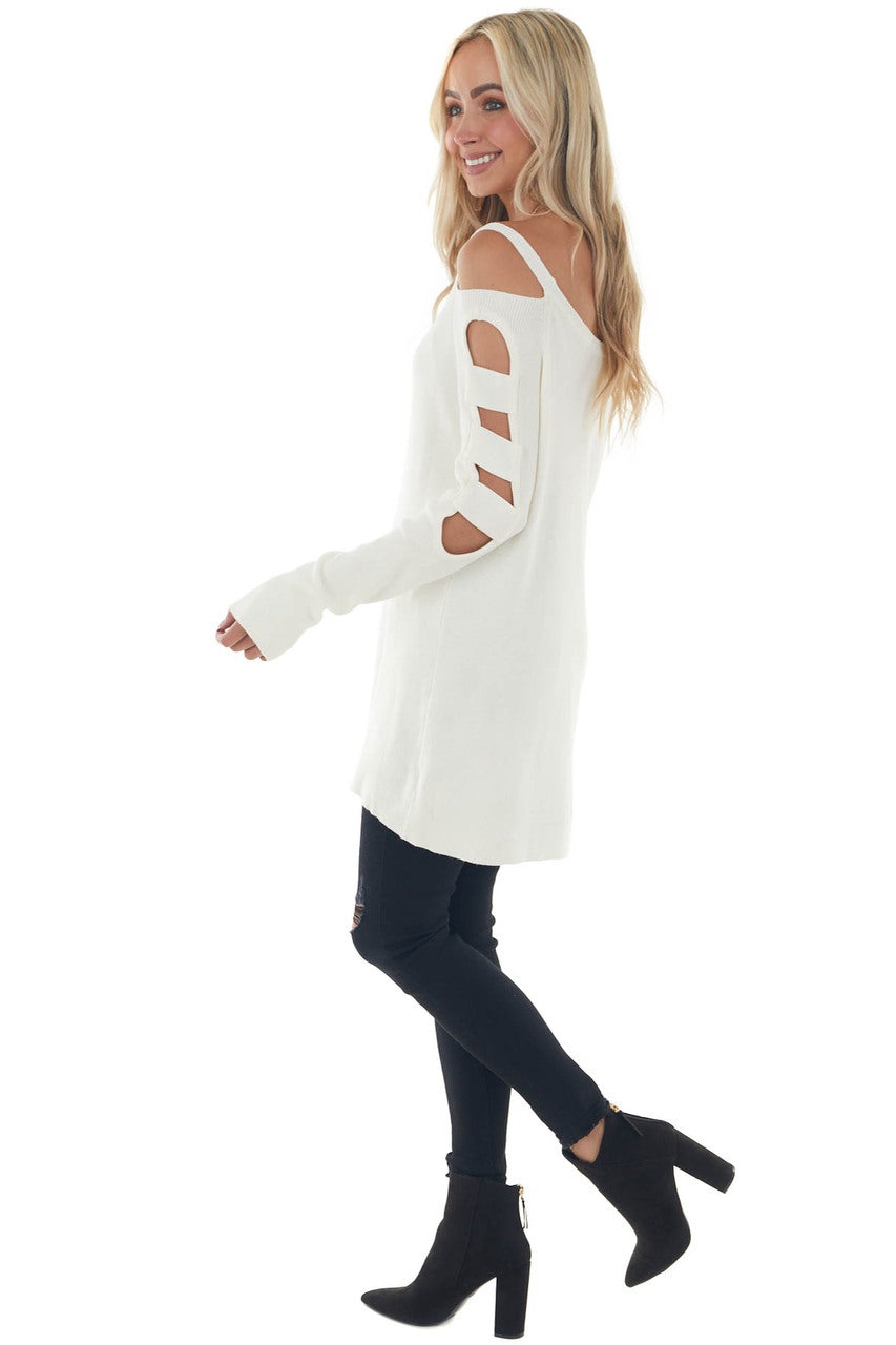 Ivory Ribbed Knit Sweater with Cut Out Sleeves 