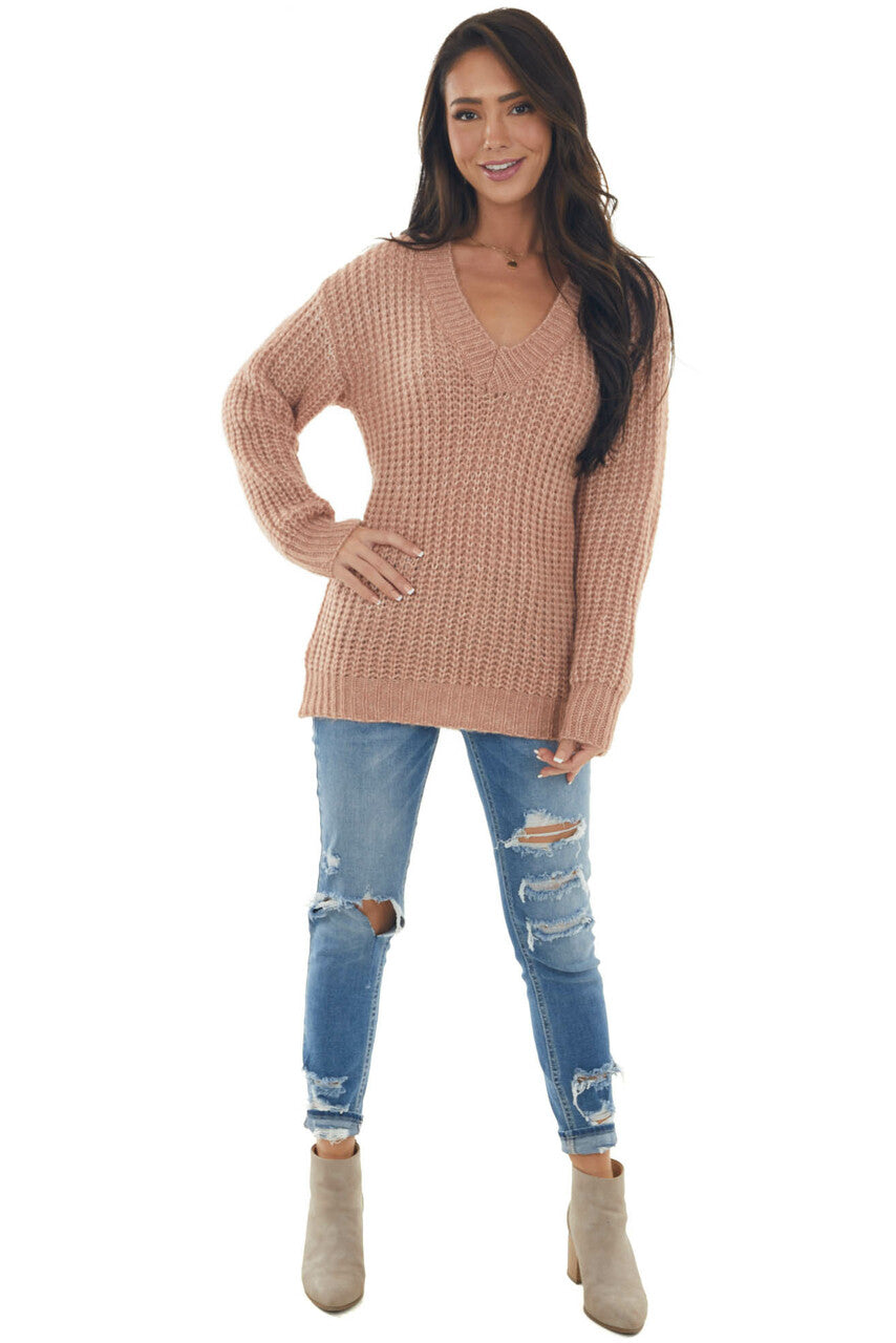 Faded Rose Stretchy Knit V Neck Sweater