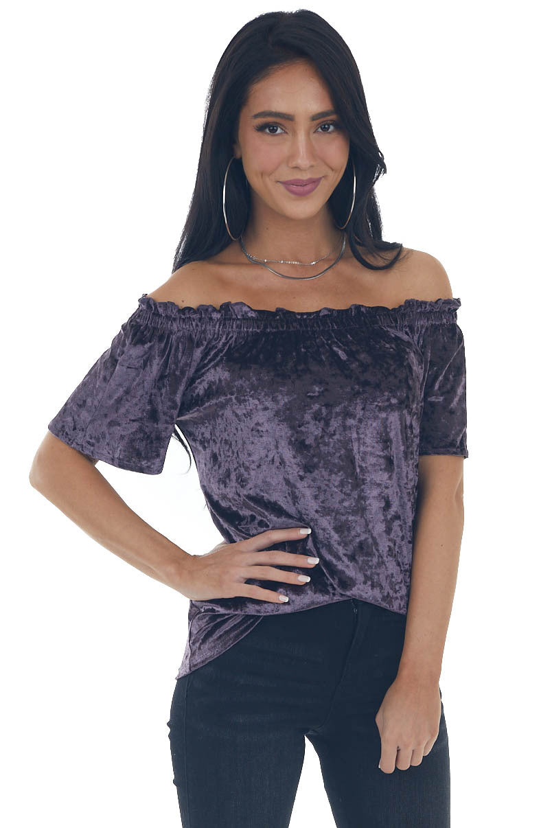 Violet Velvet Frilled Off the Shoulder Top