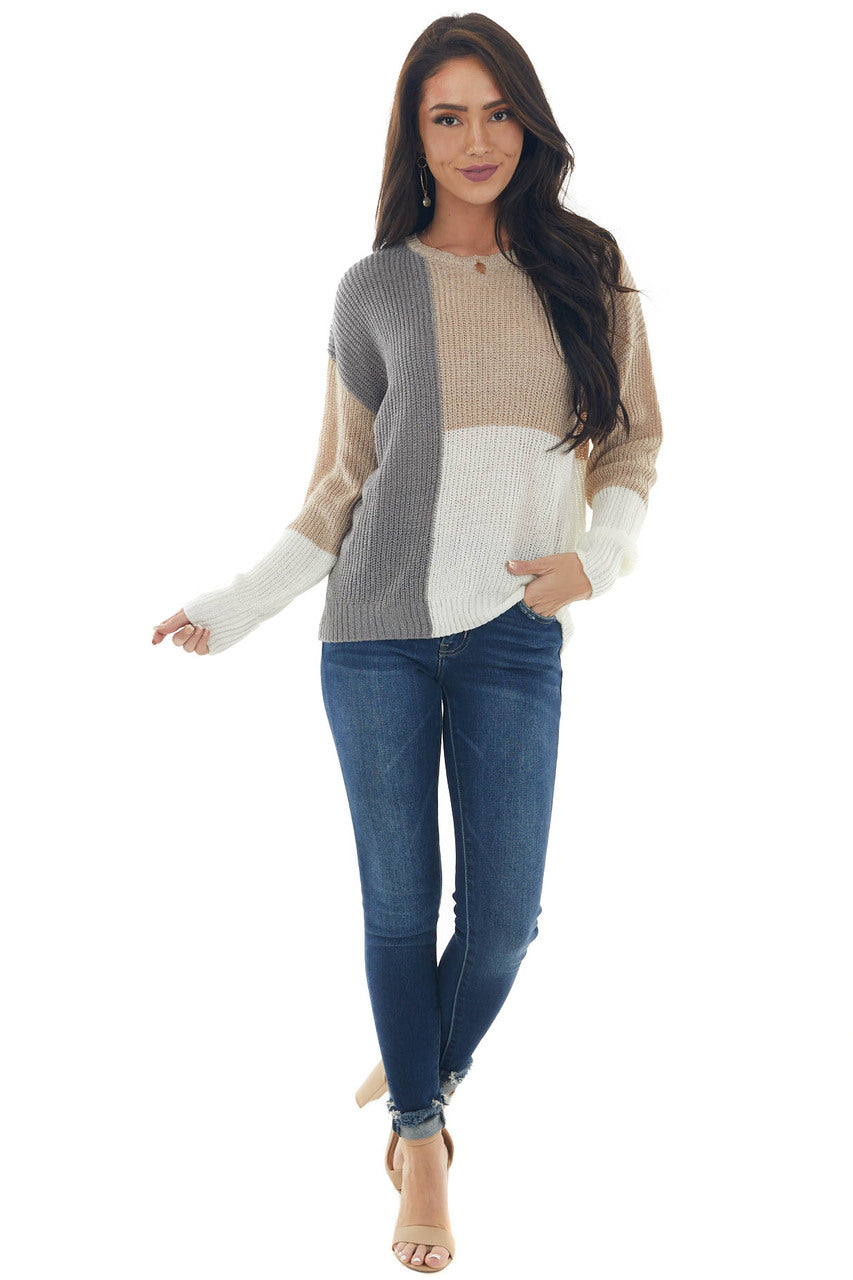Beige Colorblock Long Sleeve Knit Sweater 