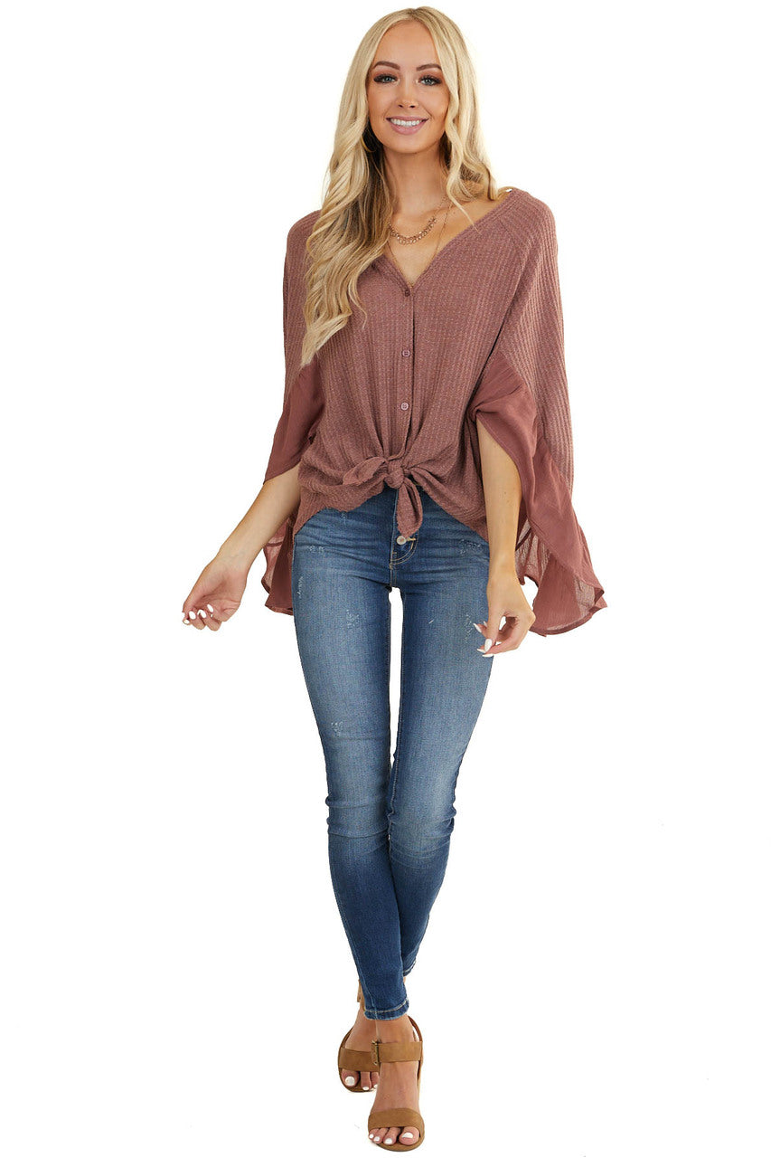 Mauve Waffle Knit Button Up Top with Trumpet Sleeves 