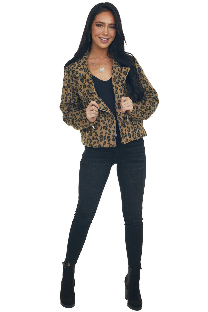 Peanut Brown Leopard Brushed Knit Moto Jacket 