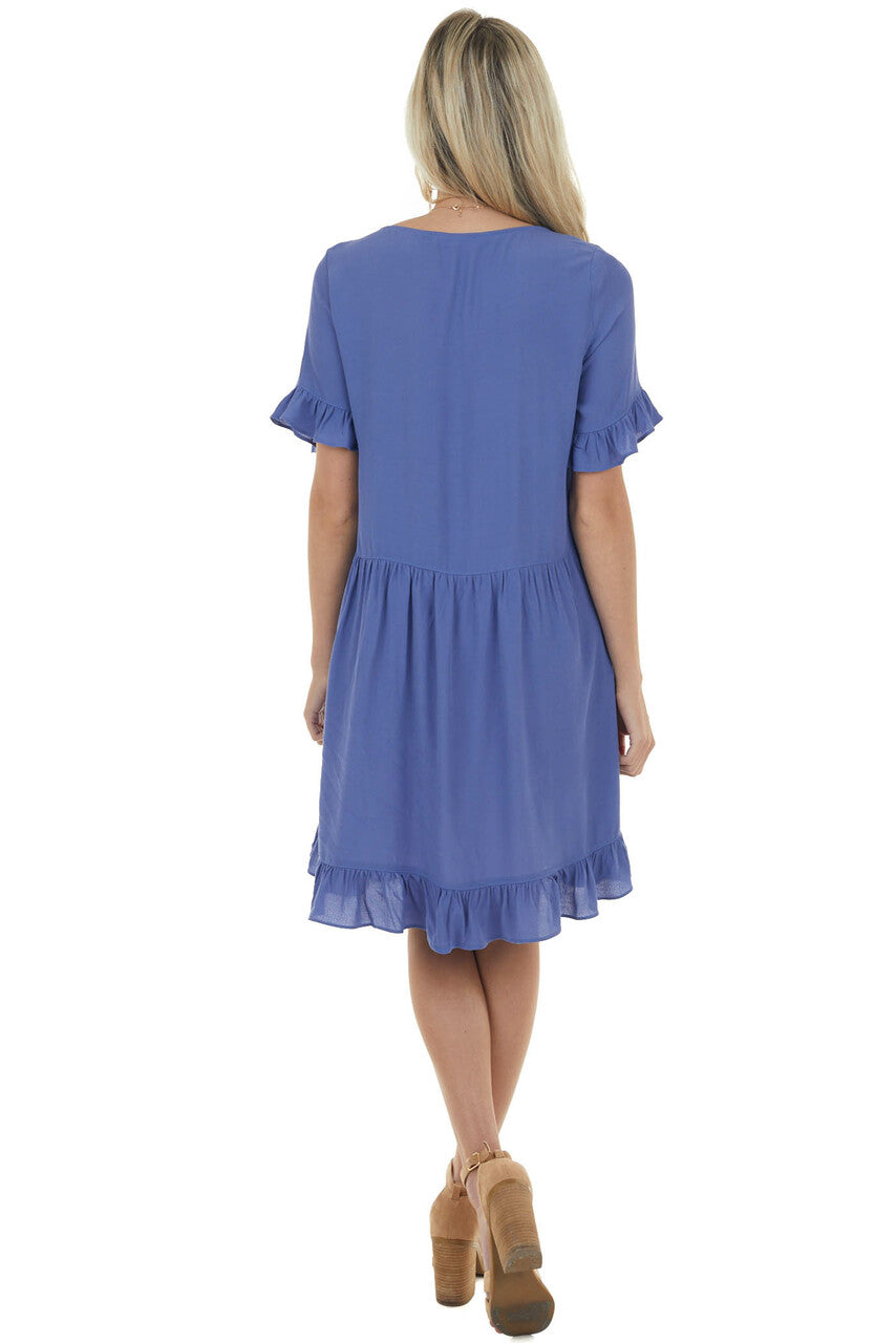 Deep Dusty Blue Square Neck Tiered Short Dress