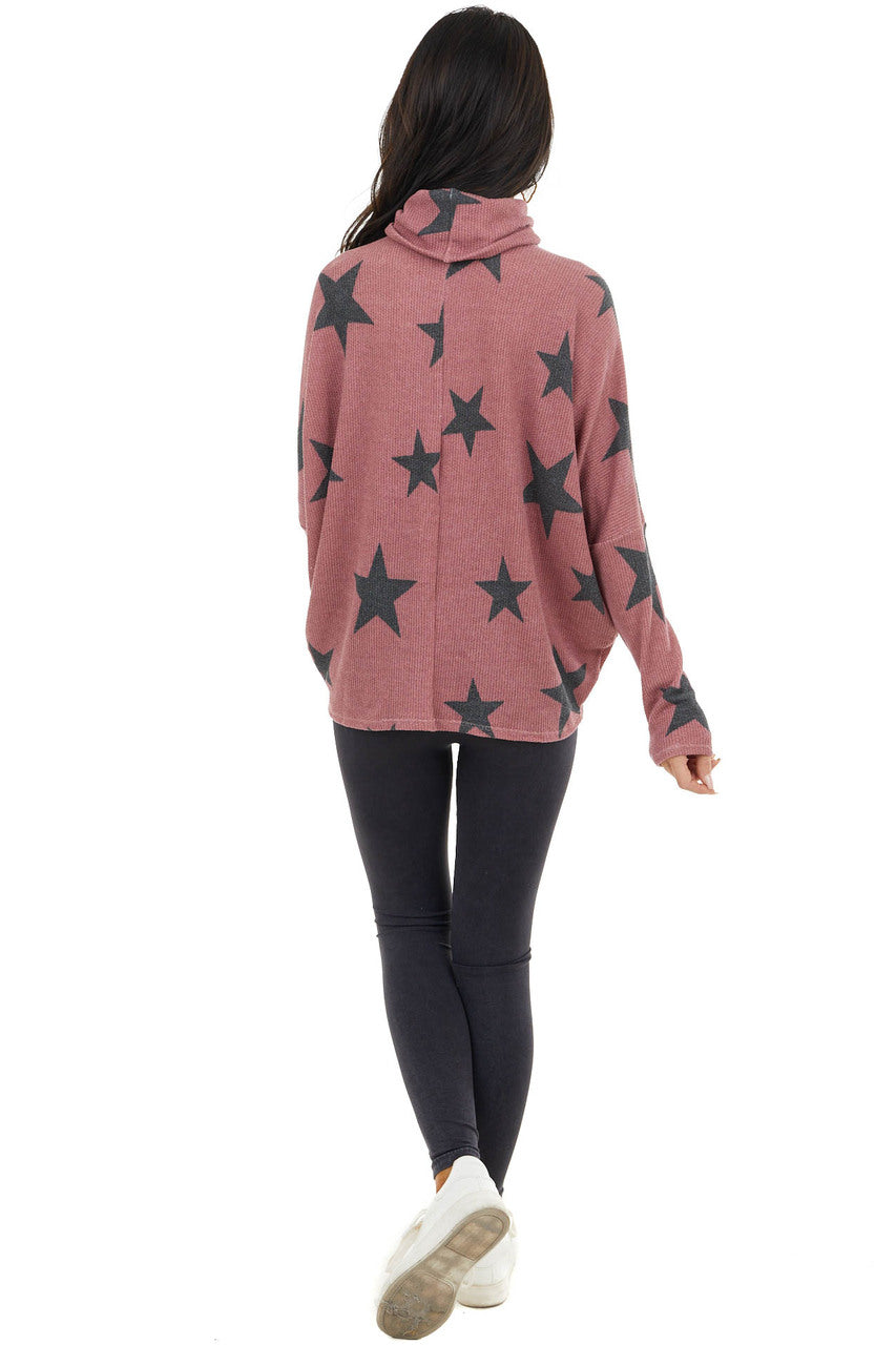 Light Wine Star Print Top with Cowl Neck and V Cutout Detail 