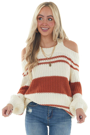 Tawny Striped Cold Shoulder Keyhole Sweater