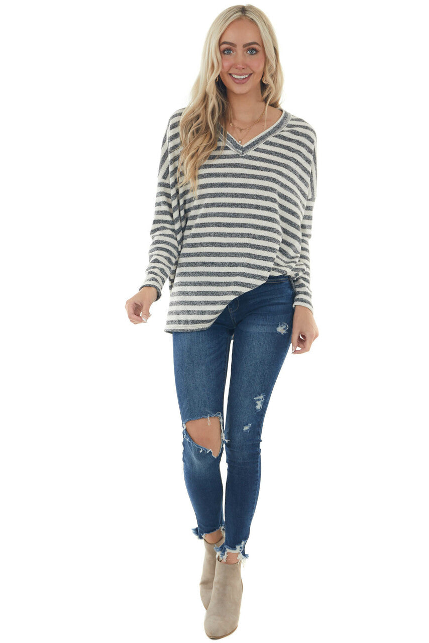 Ivory and Charcoal Striped Oversized Knit Top