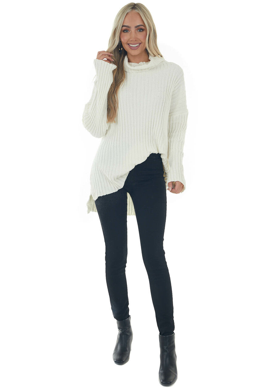 Cream Chenille Ribbed Cowl Neck Sweater