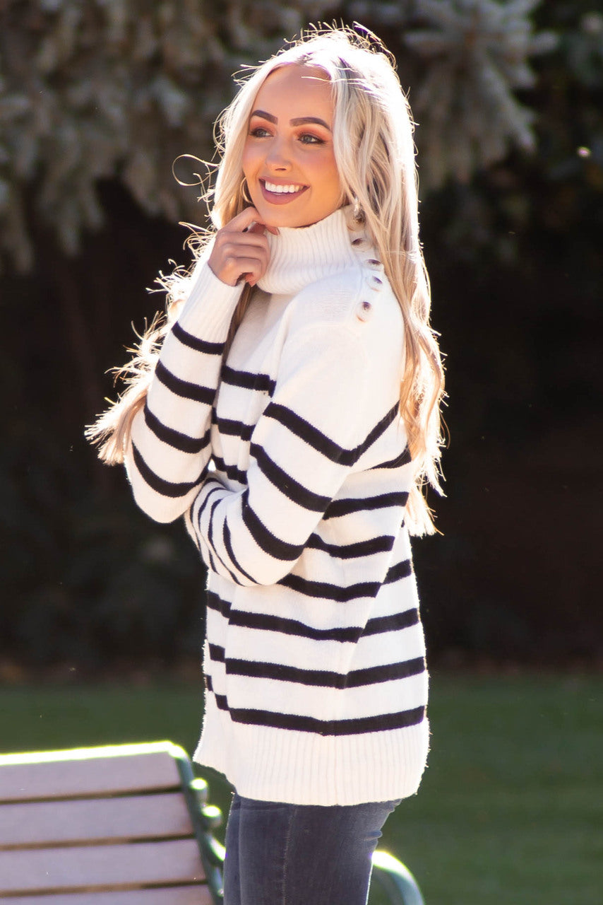 Off White Striped Side Button Up Neck Sweater