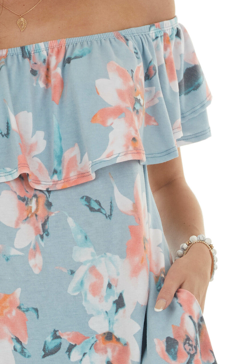 Sky Floral Off Shoulder Overlay Mini Dress