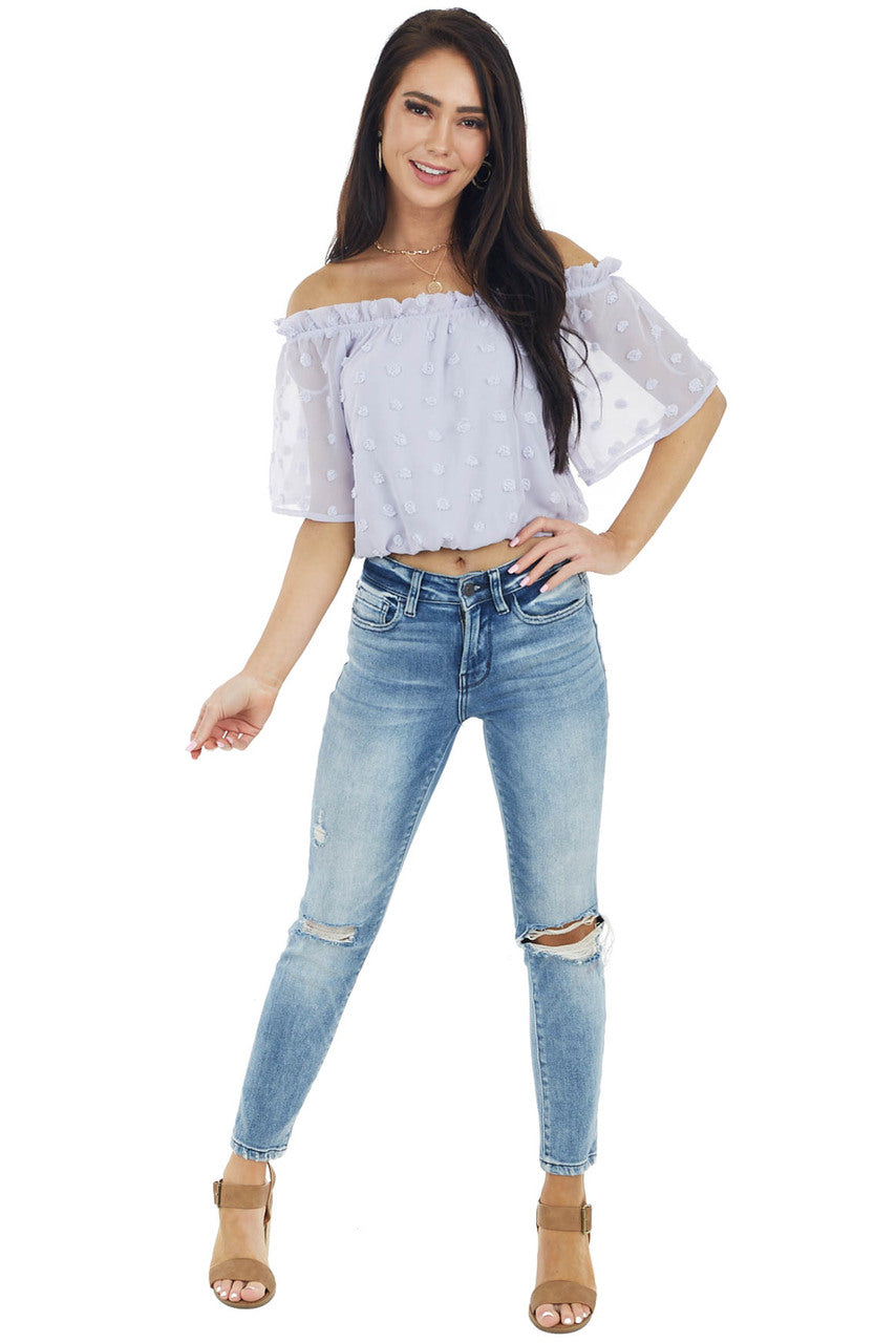 Lilac Swiss Dot Off the Shoulder Crop Top with Elastic Hem