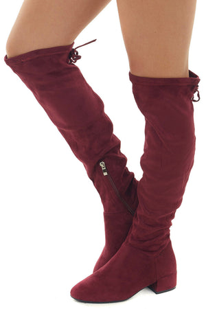 Wine Faux Suede Boots with Back Lace Up Detail 