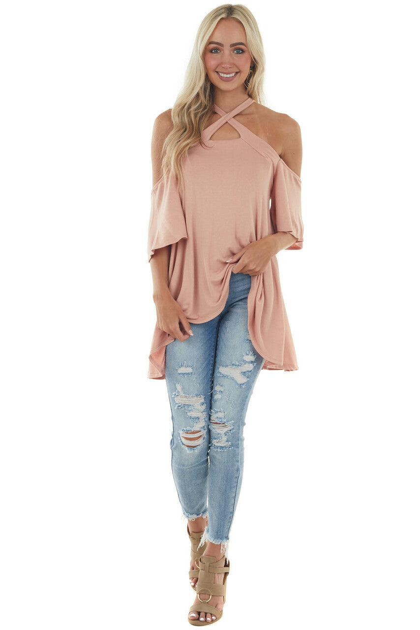 Peach Flutter Sleeve Cold Shoulder Halter Top