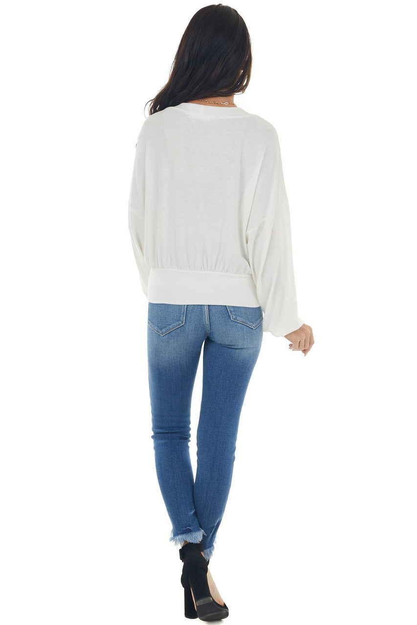 Ivory Deep V Neck Knit Top with Twist Detail