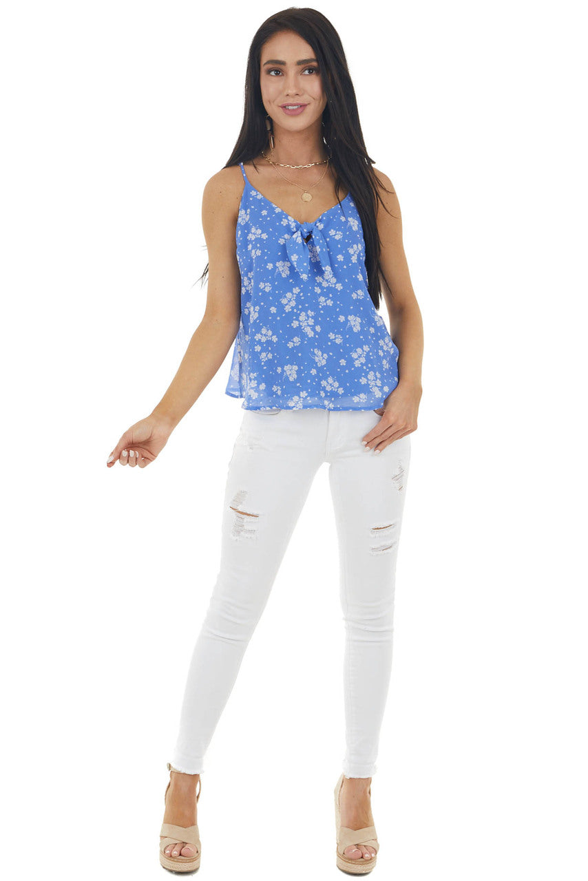 Cornflower Floral Print Sleeveless Blouse with Tie Detail 