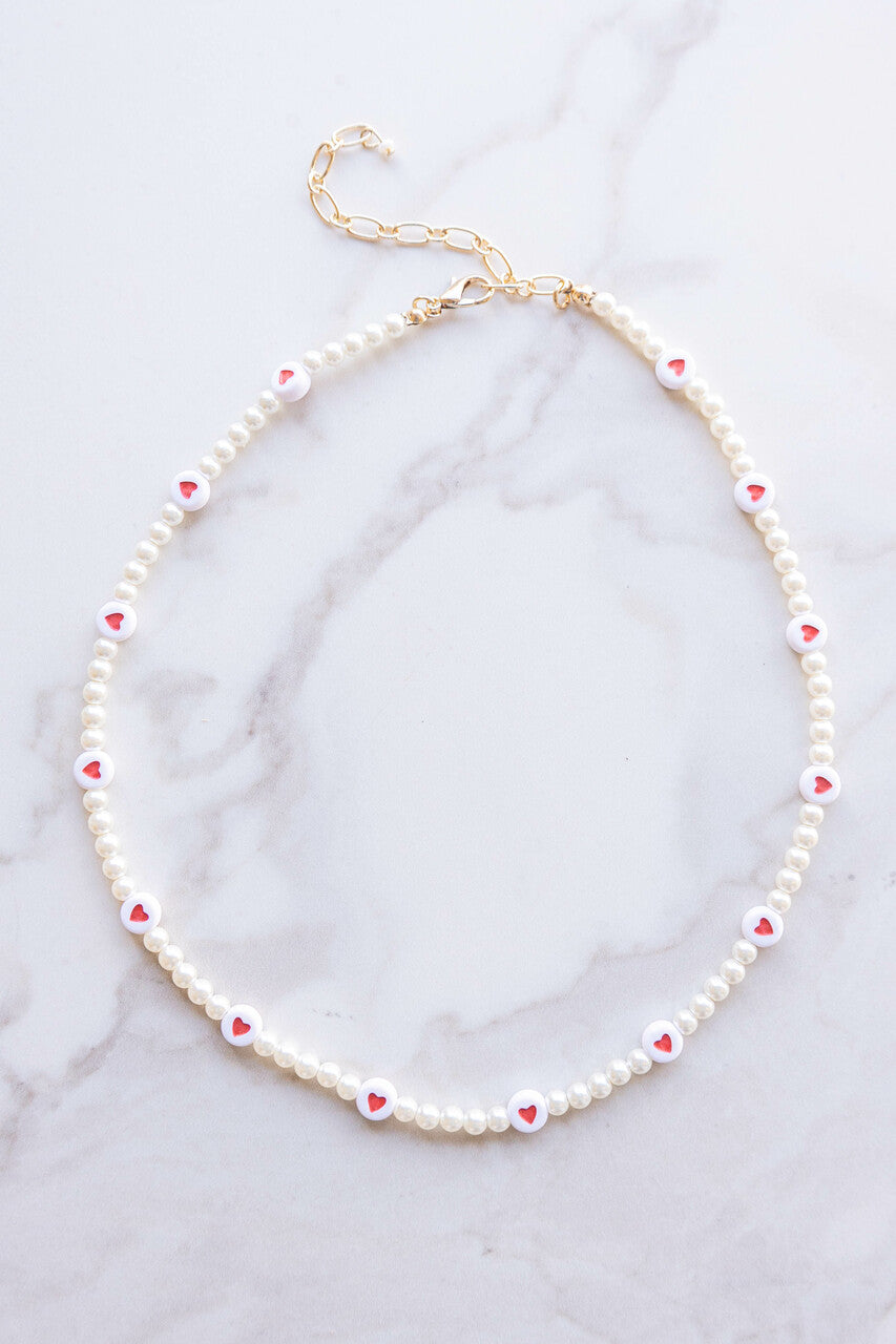 Gold Pearl Necklace with Heart Detail Beads