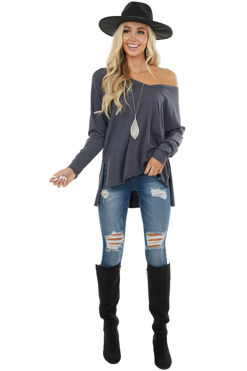 Stormy Grey Long Sleeve Top with Side Slit Detail 