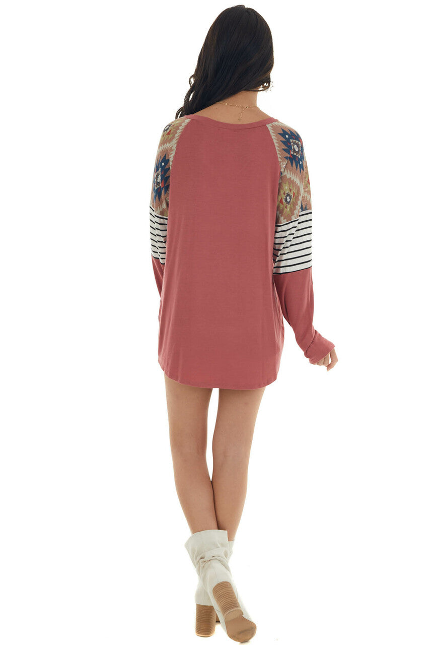 Marsala Soft Knit Top with Contrast Multiprint Long Sleeves