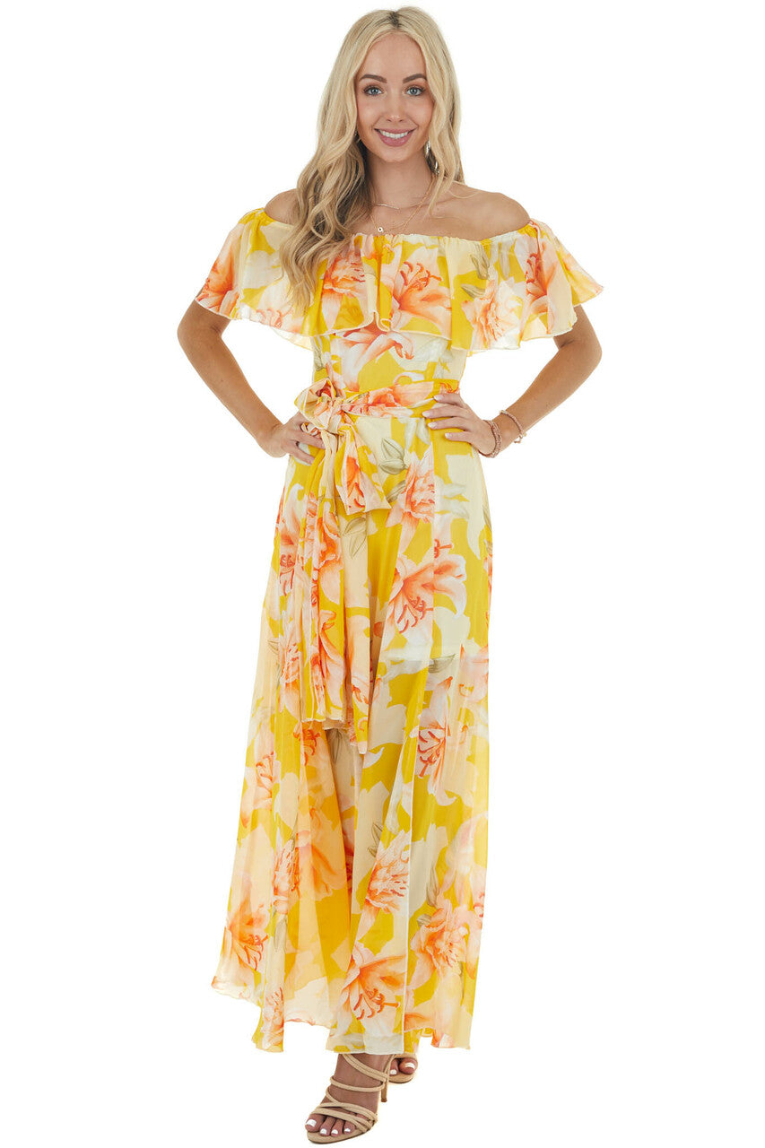 Amber Floral Print Off the Shoulder Woven Dress with Slit 