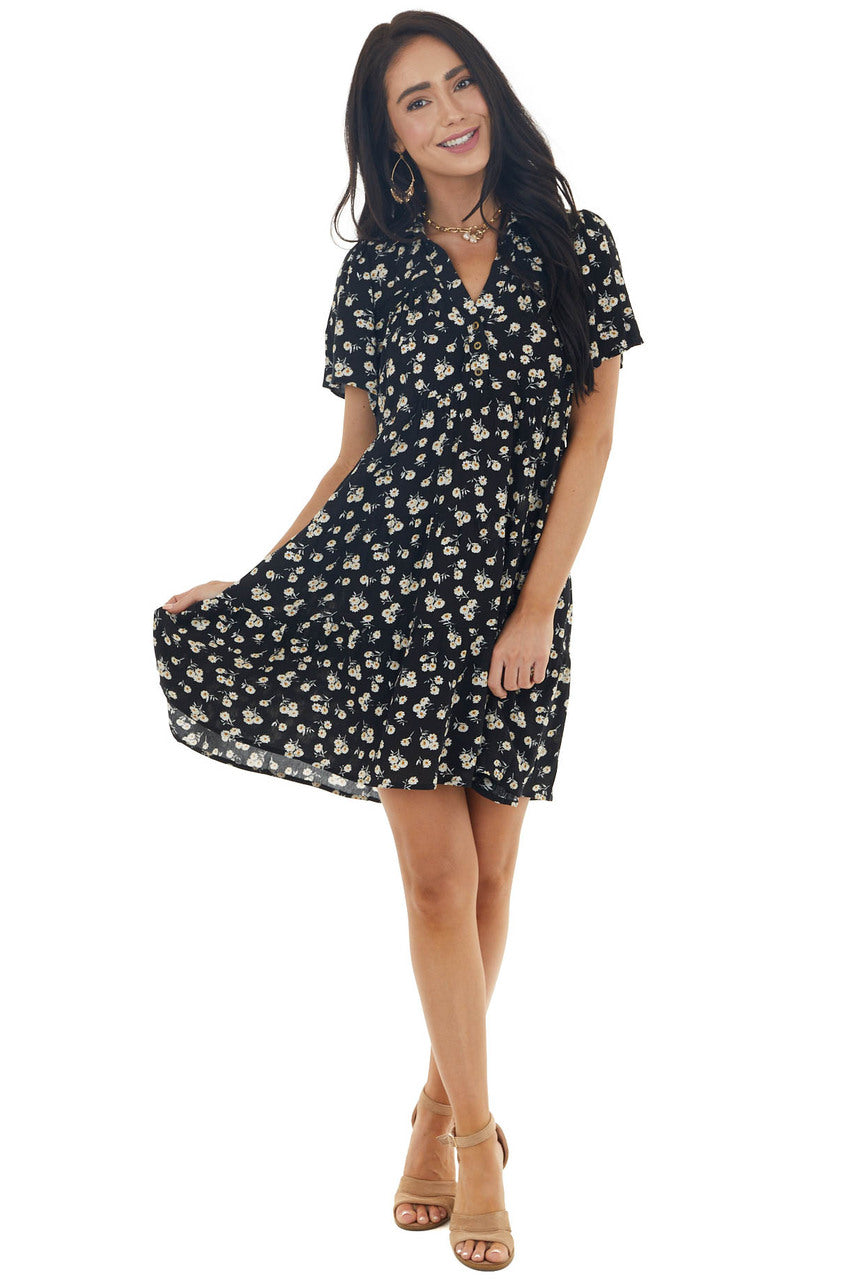 Black Ditsy Floral Tiered Babydoll Short Dress with Collar 