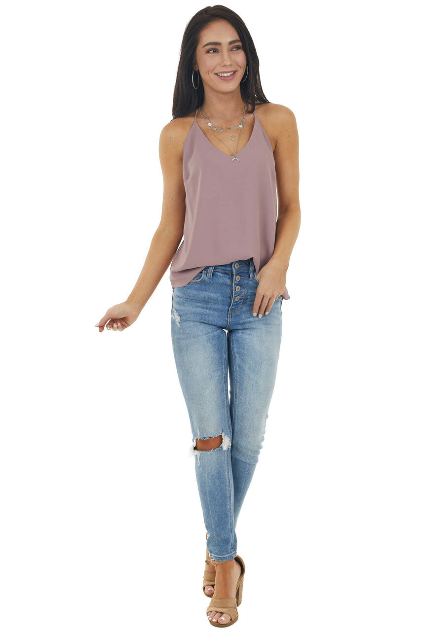 Misty Mauve Sleeveless Woven Tank Top with Spaghetti Straps
