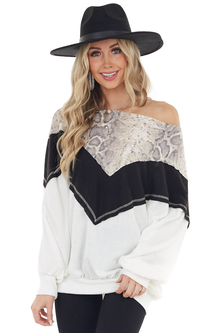 Black and White Long Sleeve Top with Animal Print Contrast