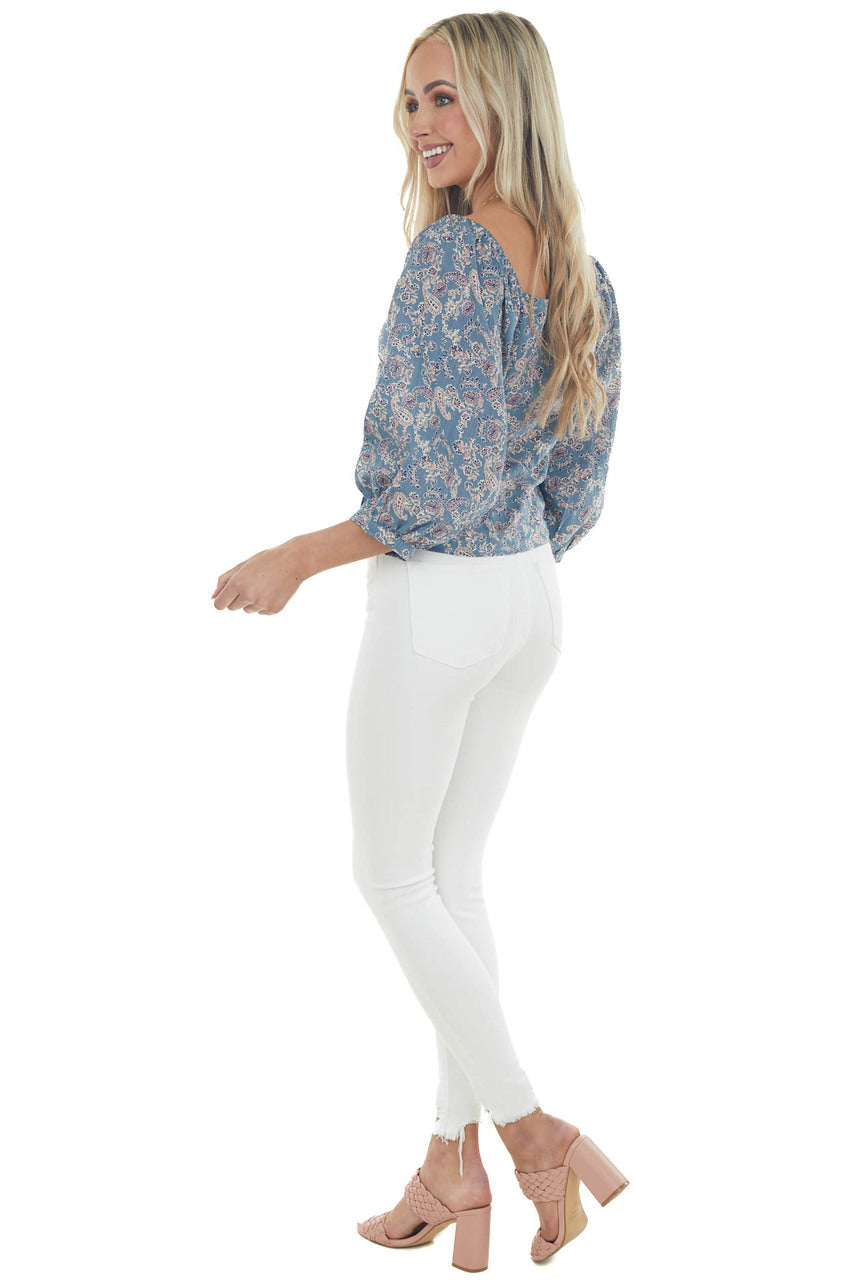 Steel Blue Multiprint 3/4 Sleeve Woven Top