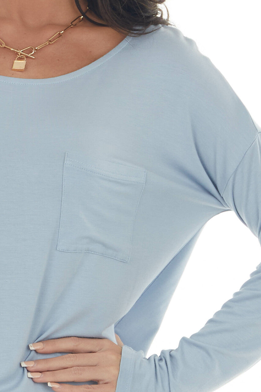 Powder Blue Drop Shoulder Chest Pocket Top