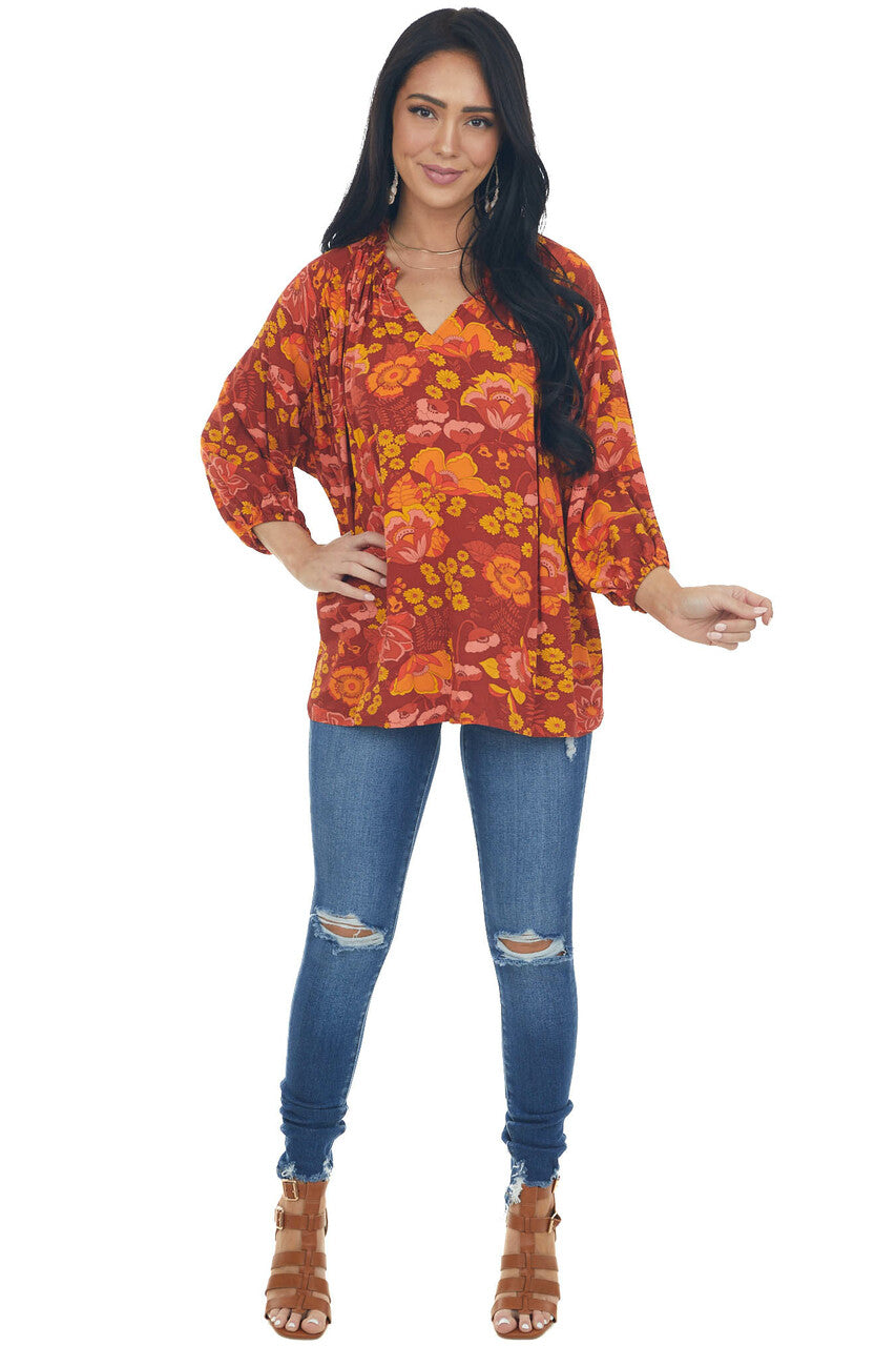 Cinnamon Floral Print Peasant Style Blouse