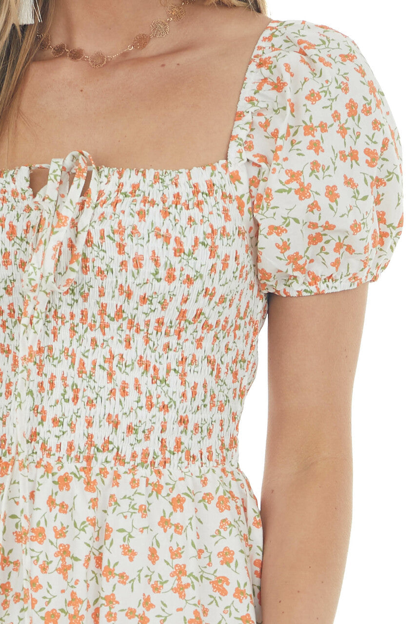 Ivory and Sunset Floral Smocked Short Dress