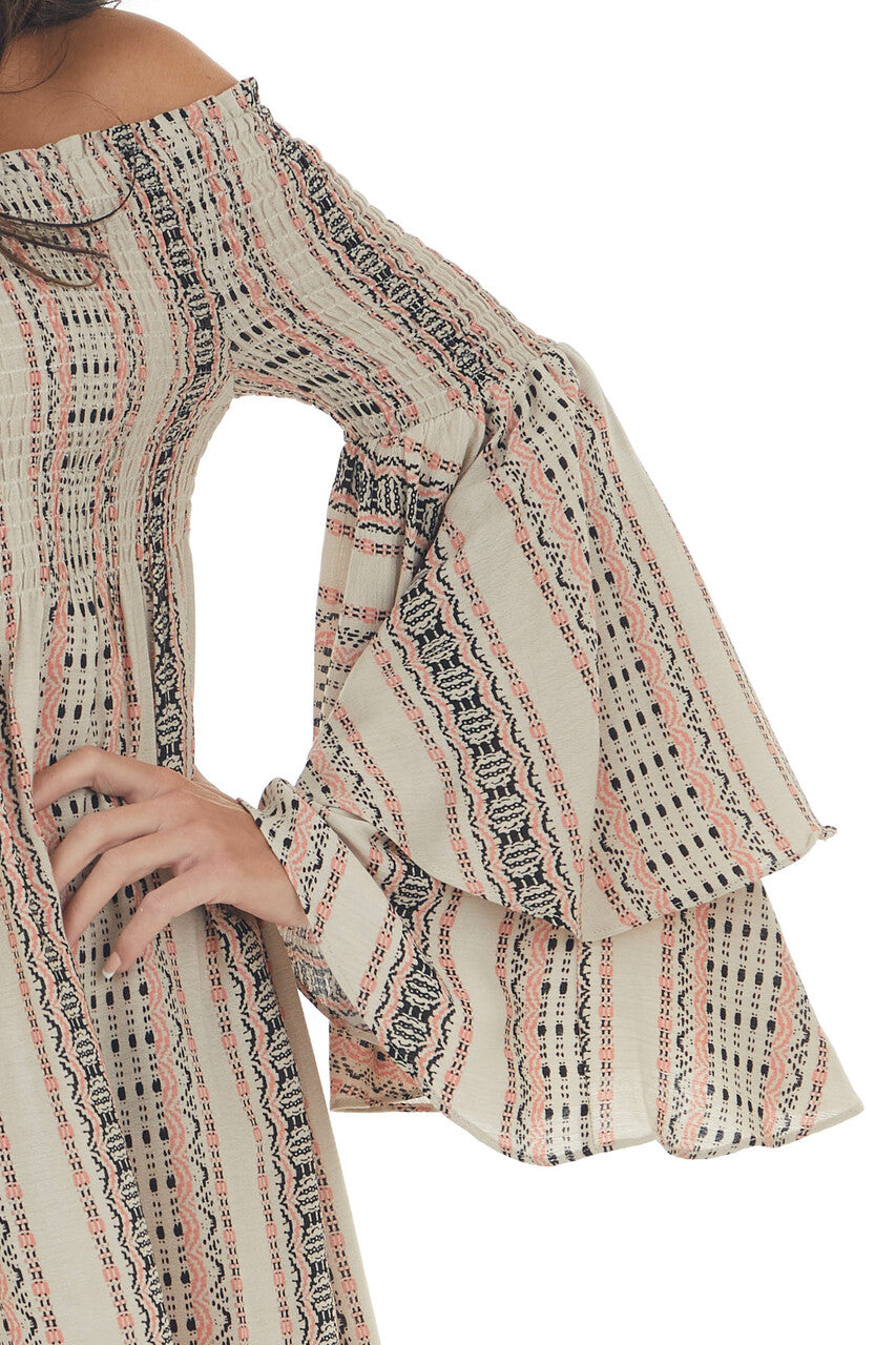 Coral Striped Off the Shoulder Smocked Dress 