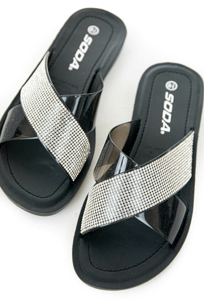 Black and Rhinestone Criss Cross Strap Sandals 