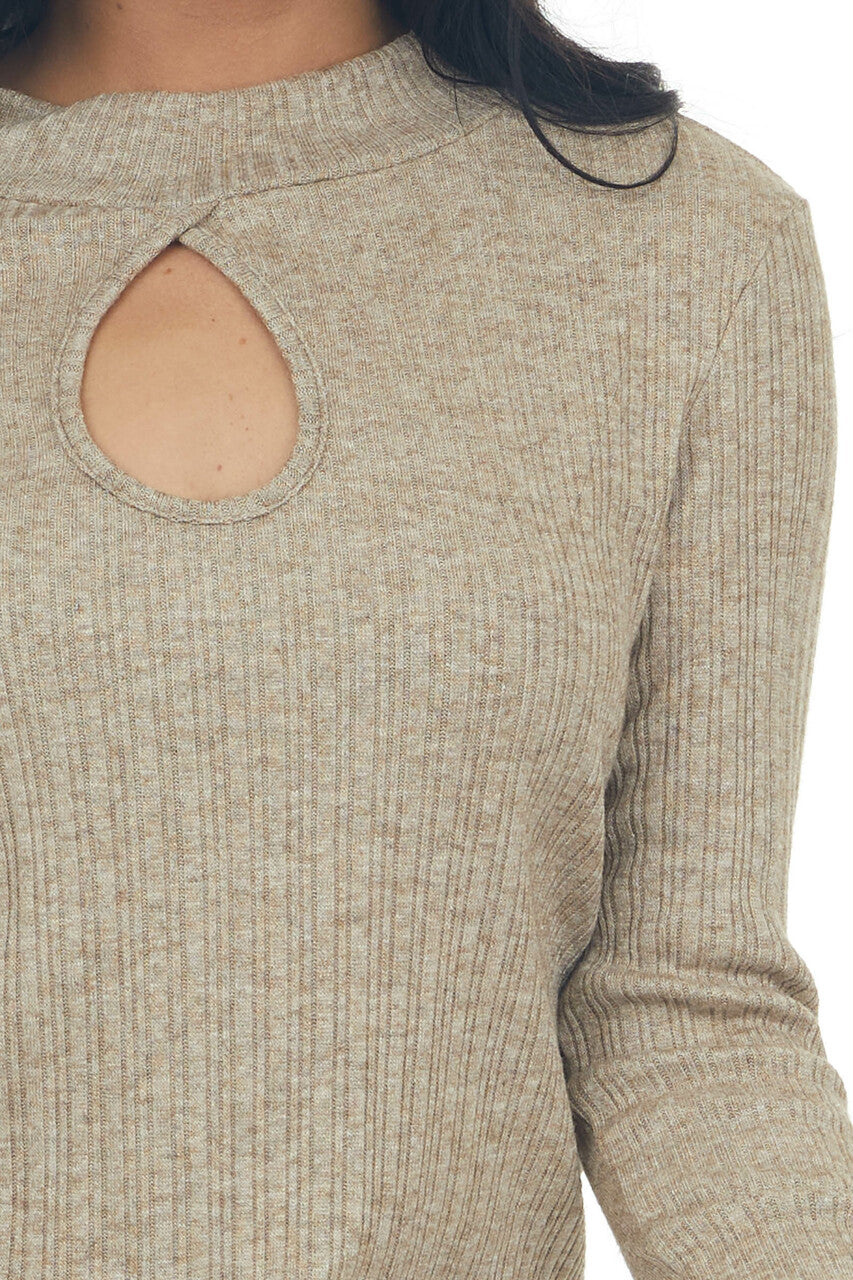 Heathered Latte Mock Neck Long Sleeve Knit Top